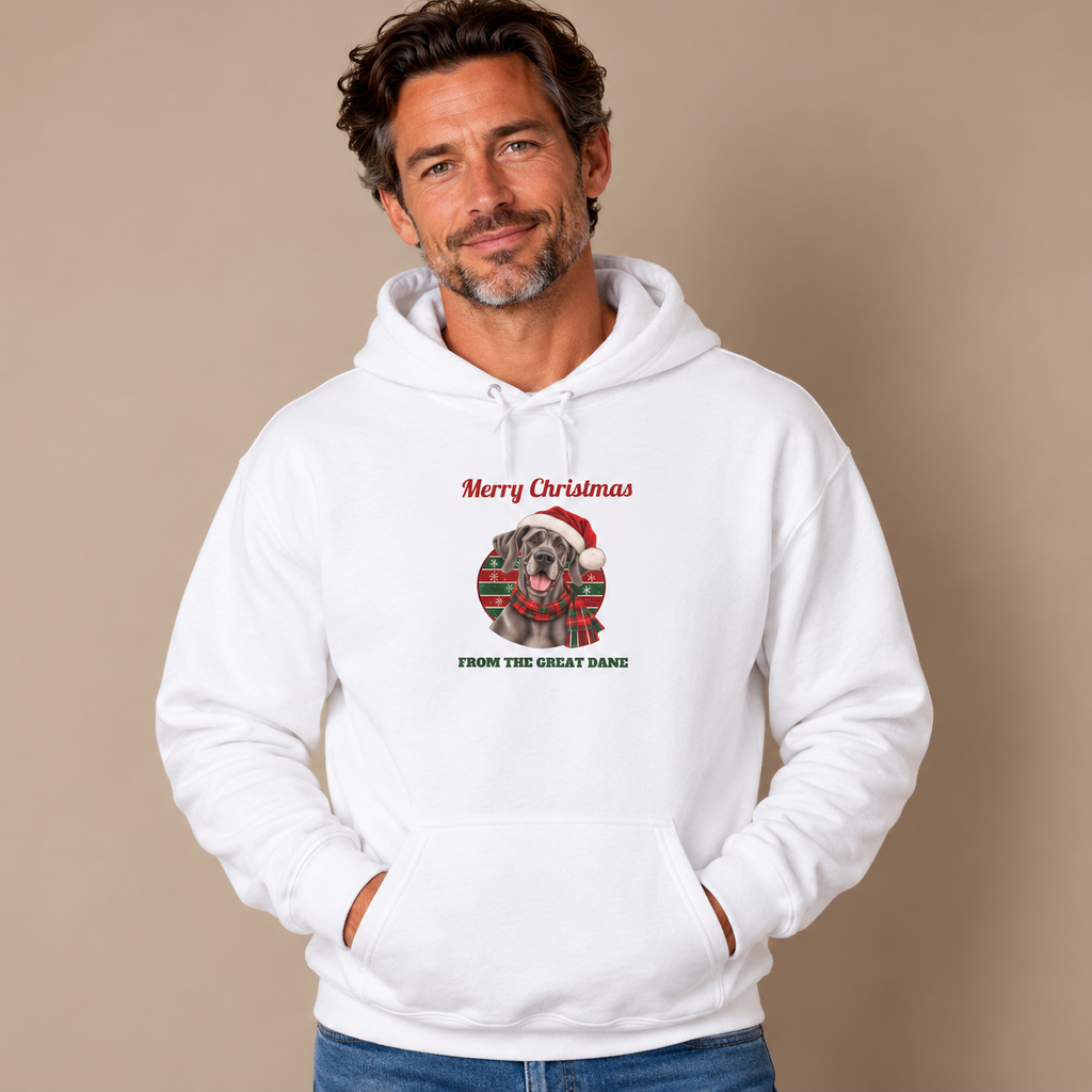 Man wearing the White Merry Christmas From The Great Dane Hoodie (blue Great Dane) with jeans