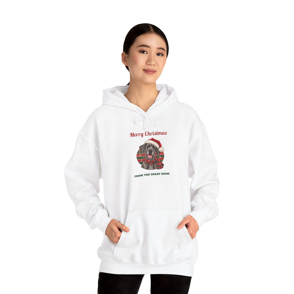 Woman wearing the Merry Christmas From The Great Dane Hoodie (blue Great Dane)