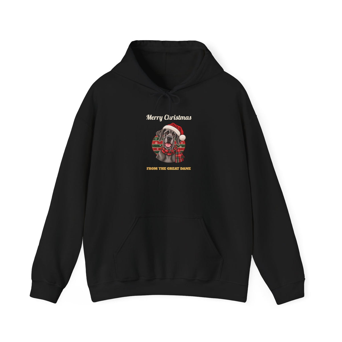Black Merry Christmas From The Great Dane hoodie with a blue Great Dane in a Santa hat, front view