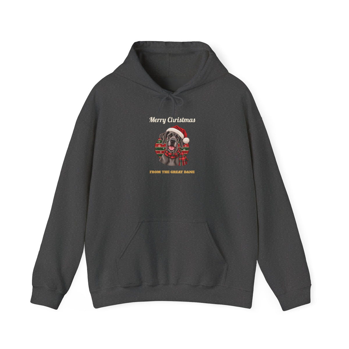 Dark Heather Merry Christmas From The Great Dane hoodie with a blue Great Dane in a Santa hat, front view