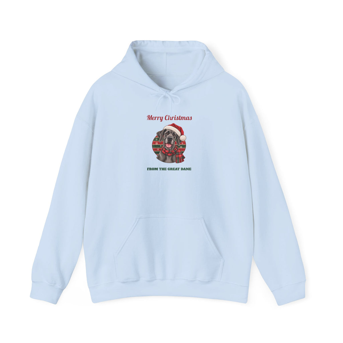 Light Blue Merry Christmas From The Great Dane hoodie with a blue Great Dane in a Santa hat, front view