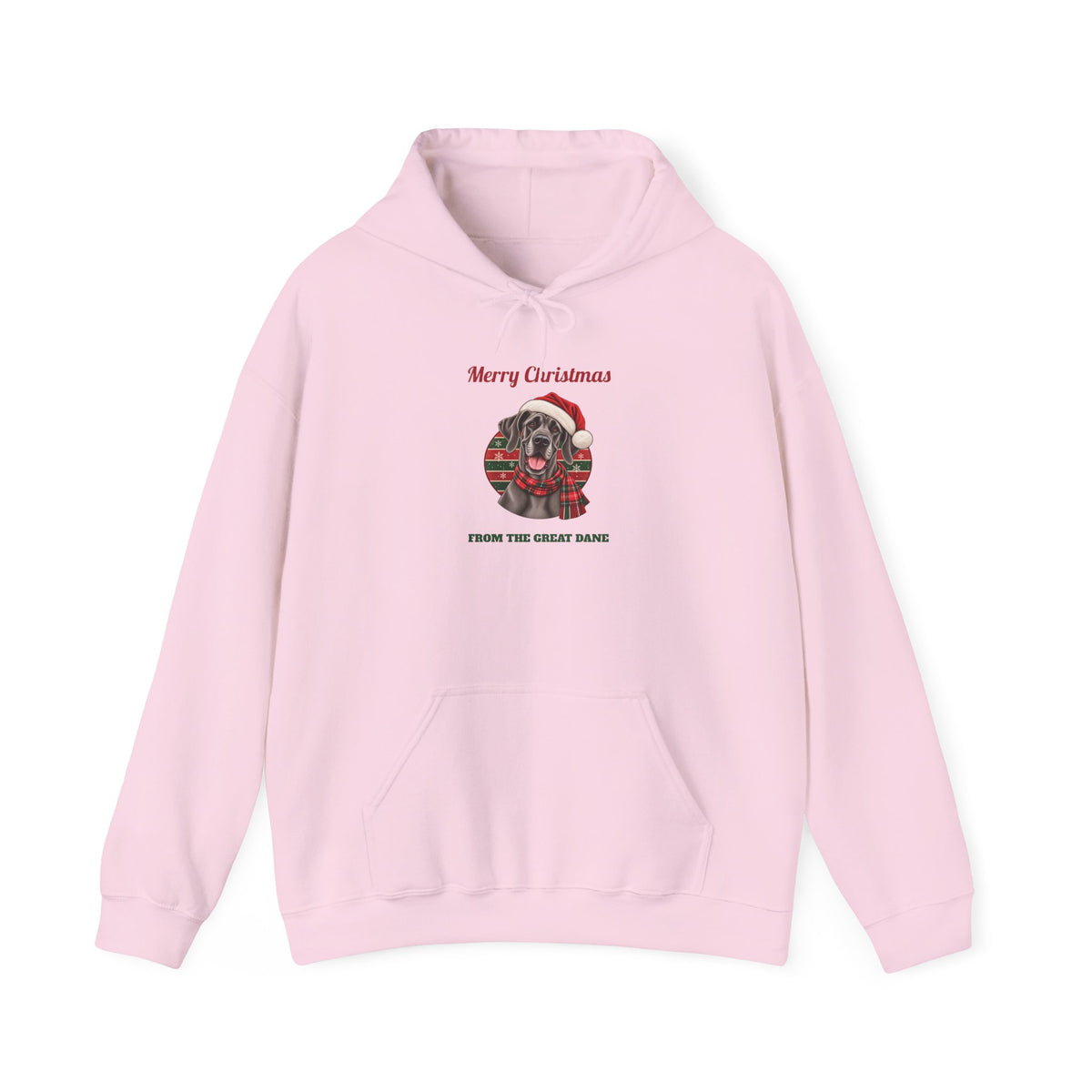 Light Pink Merry Christmas From The Great Dane hoodie with a blue Great Dane in a Santa hat, front view