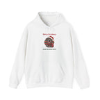 White Merry Christmas From The Great Dane hoodie with a blue Great Dane in a Santa hat, front view