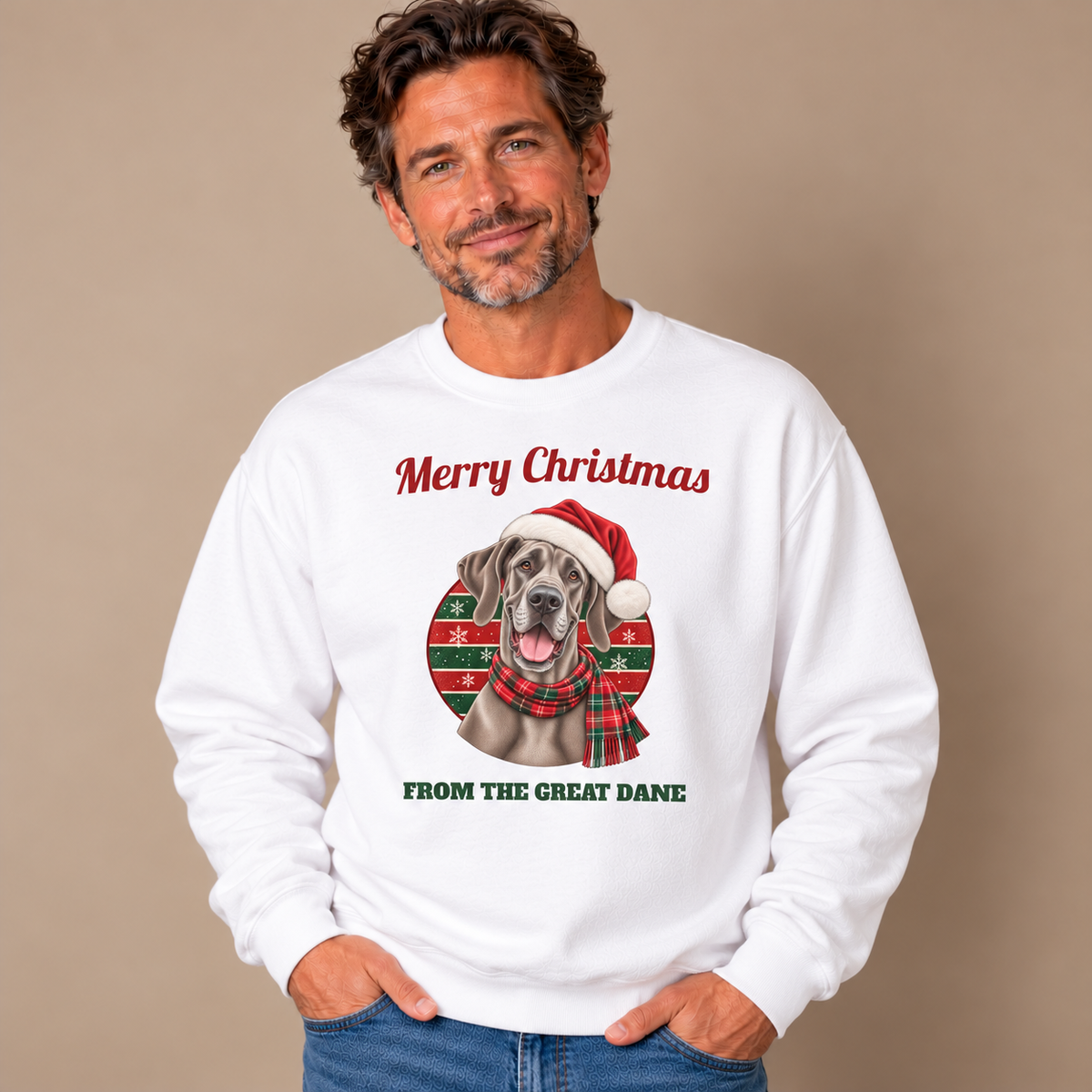 Man wearing the White Merry Christmas From The Great Dane Sweatshirt (blue Great Dane) with jeans