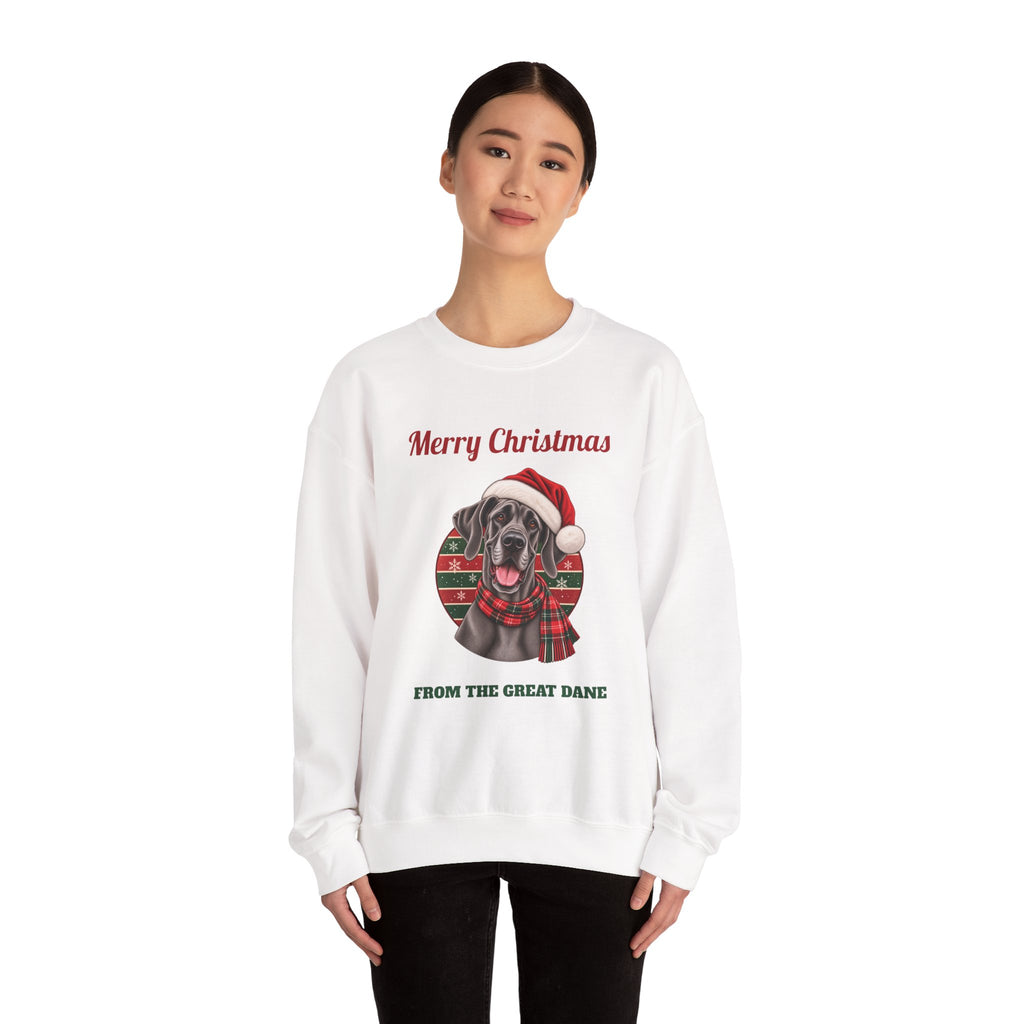 Woman wearing the Merry Christmas From The Great Dane Sweatshirt (blue Great Dane)