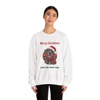 Woman wearing the Merry Christmas From The Great Dane Sweatshirt (blue Great Dane)