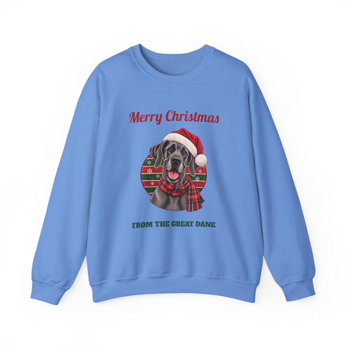 Carolina Blue Merry Christmas From The Great Dane sweatshirt with a blue Great Dane in a Santa hat, front view