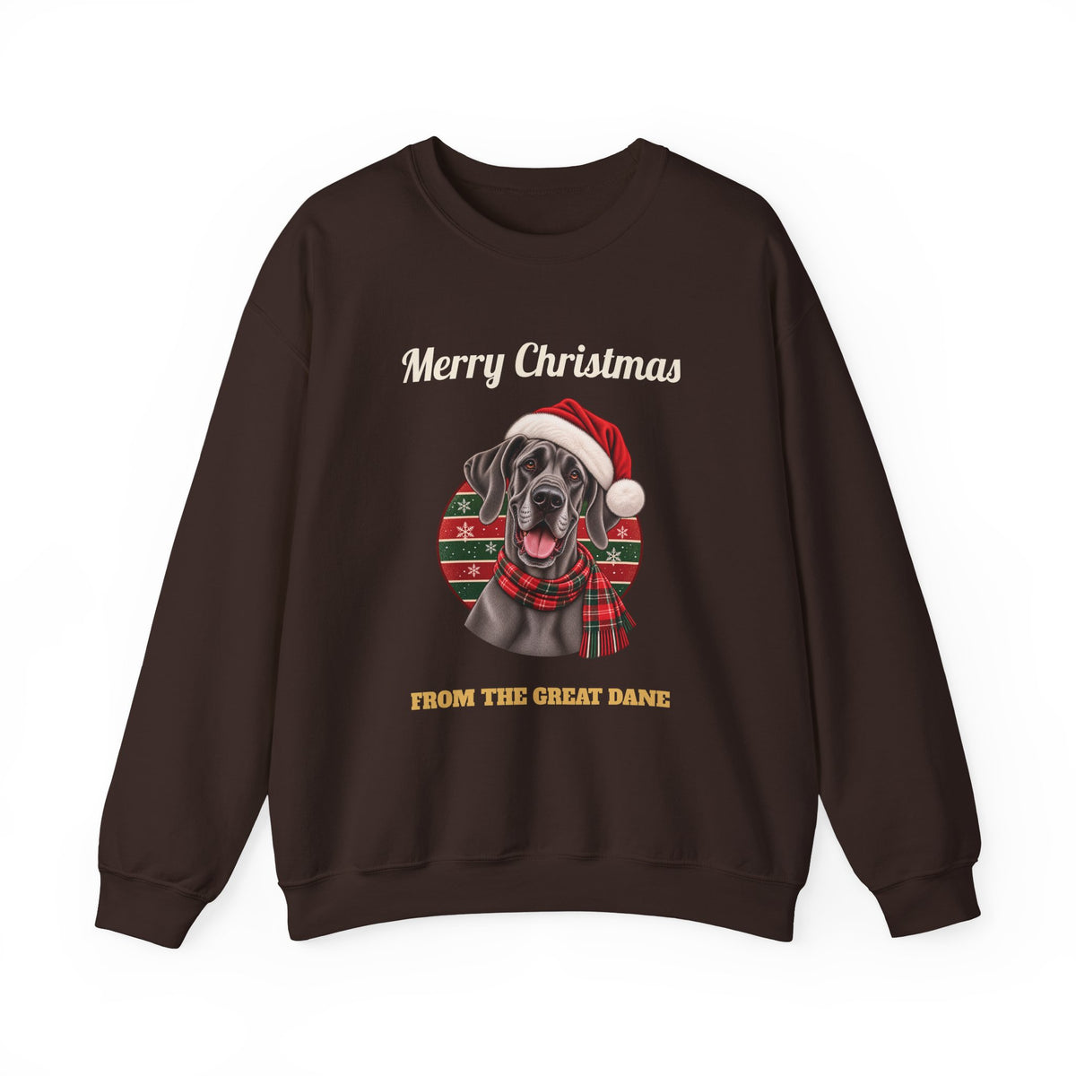 Dark Chocolate Merry Christmas From The Great Dane sweatshirt with a blue Great Dane in a Santa hat, front view