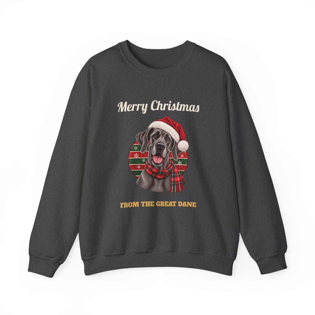 Dark Heather Merry Christmas From The Great Dane sweatshirt with a blue Great Dane in a Santa hat, front view