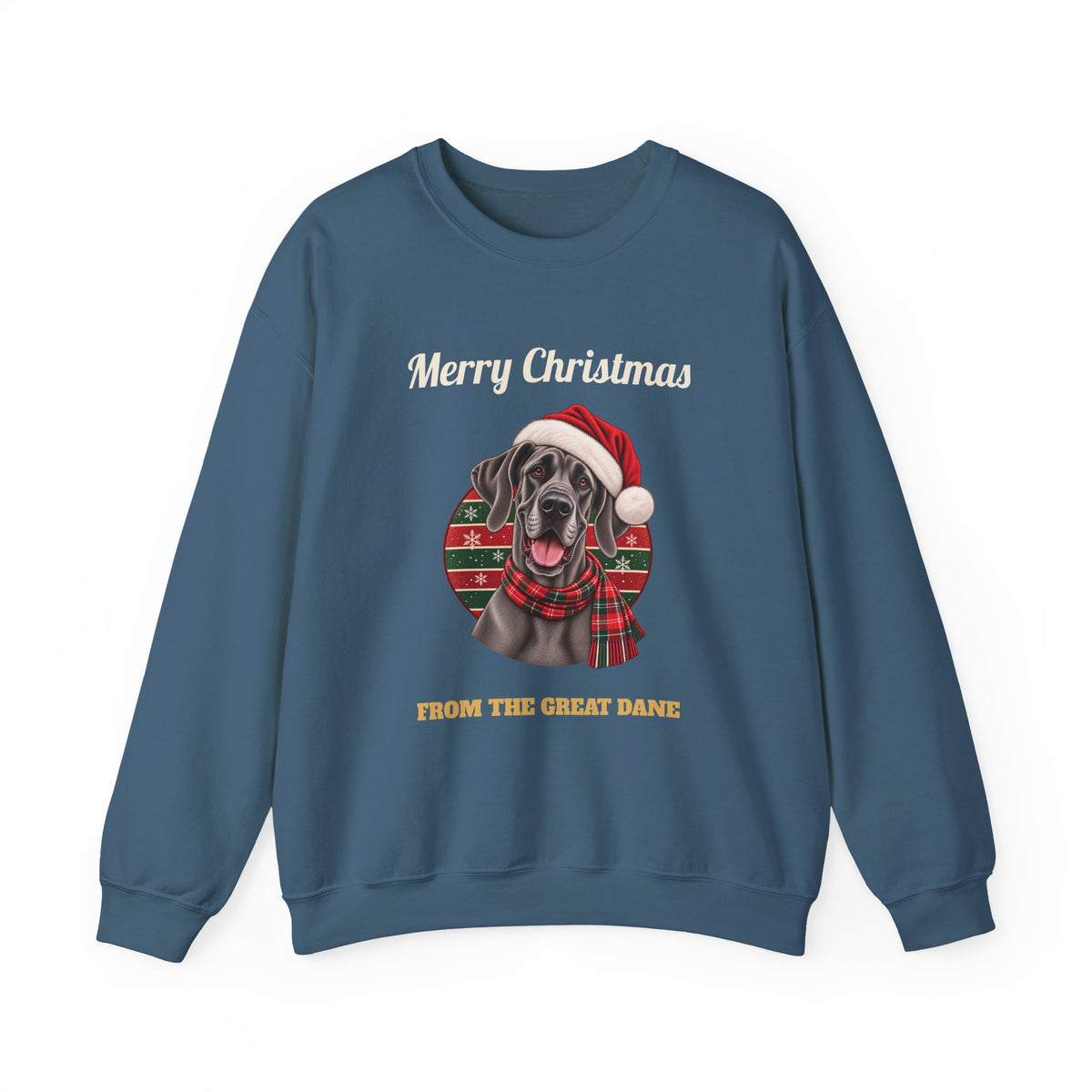 Indigo Blue Merry Christmas From The Great Dane sweatshirt with a blue Great Dane in a Santa hat, front view