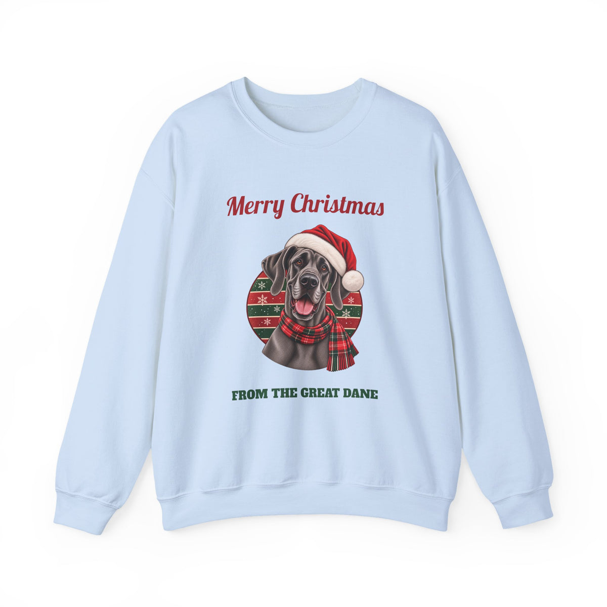 Light Blue Merry Christmas From The Great Dane sweatshirt with a blue Great Dane in a Santa hat, front view