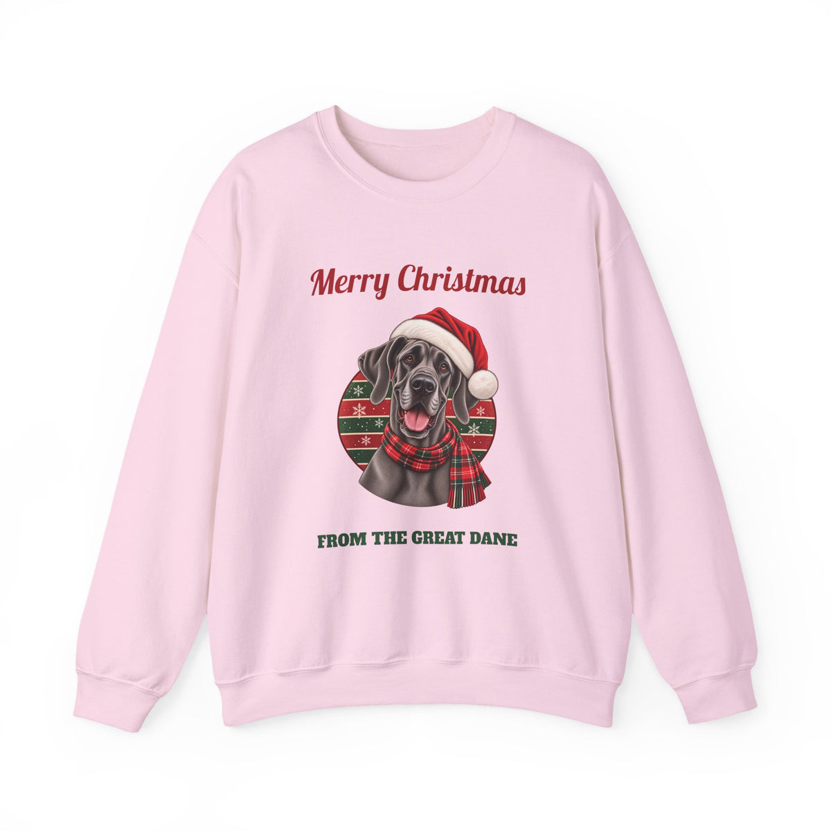 Light Pink Merry Christmas From The Great Dane sweatshirt with a blue Great Dane in a Santa hat, front view