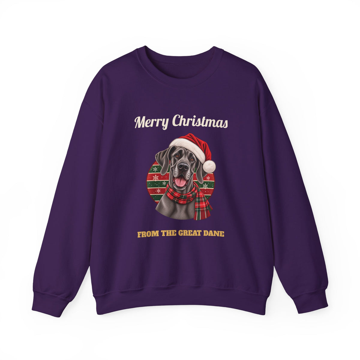 Purple Merry Christmas From The Great Dane sweatshirt with a blue Great Dane in a Santa hat, front view