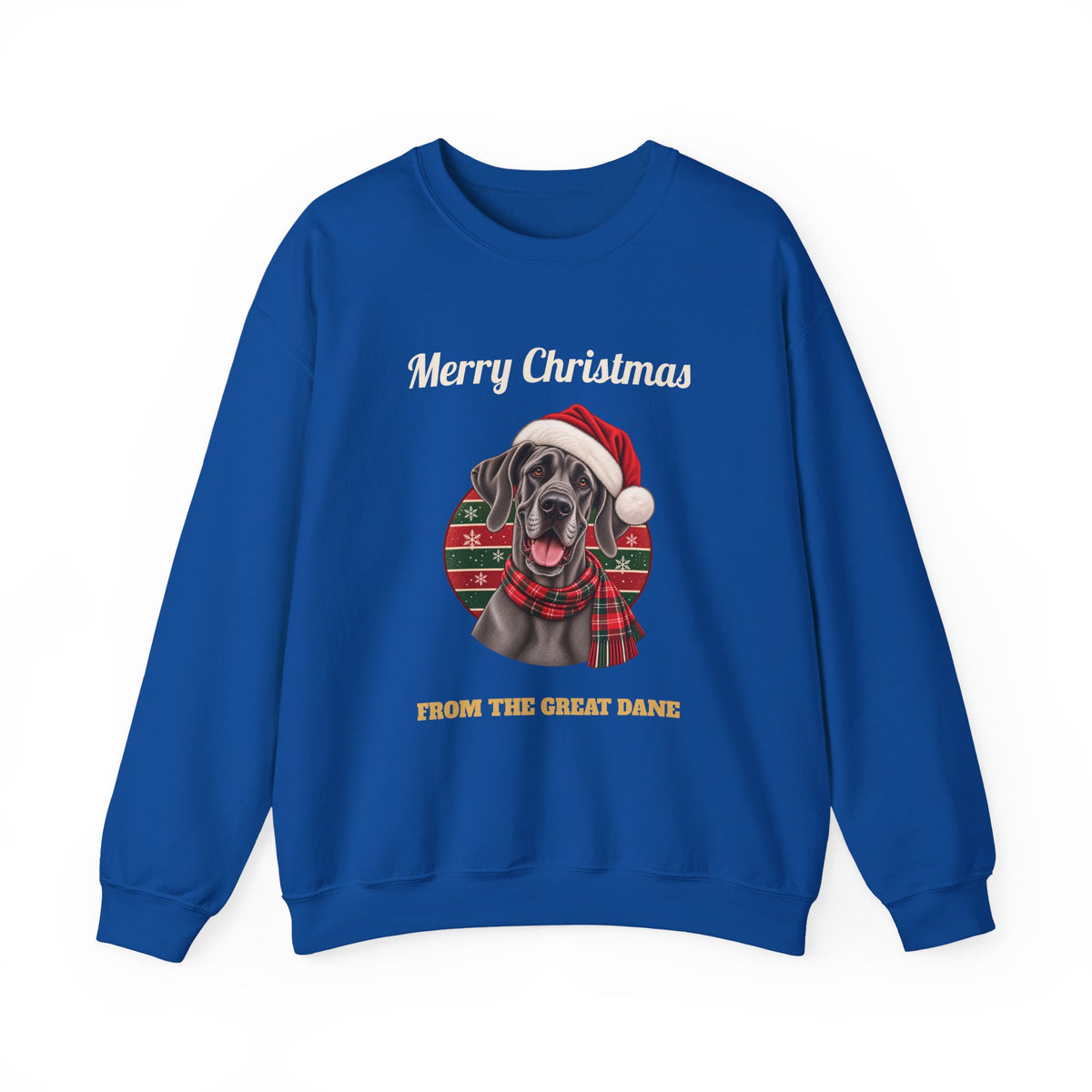 Royal Merry Christmas From The Great Dane sweatshirt with a blue Great Dane in a Santa hat, front view