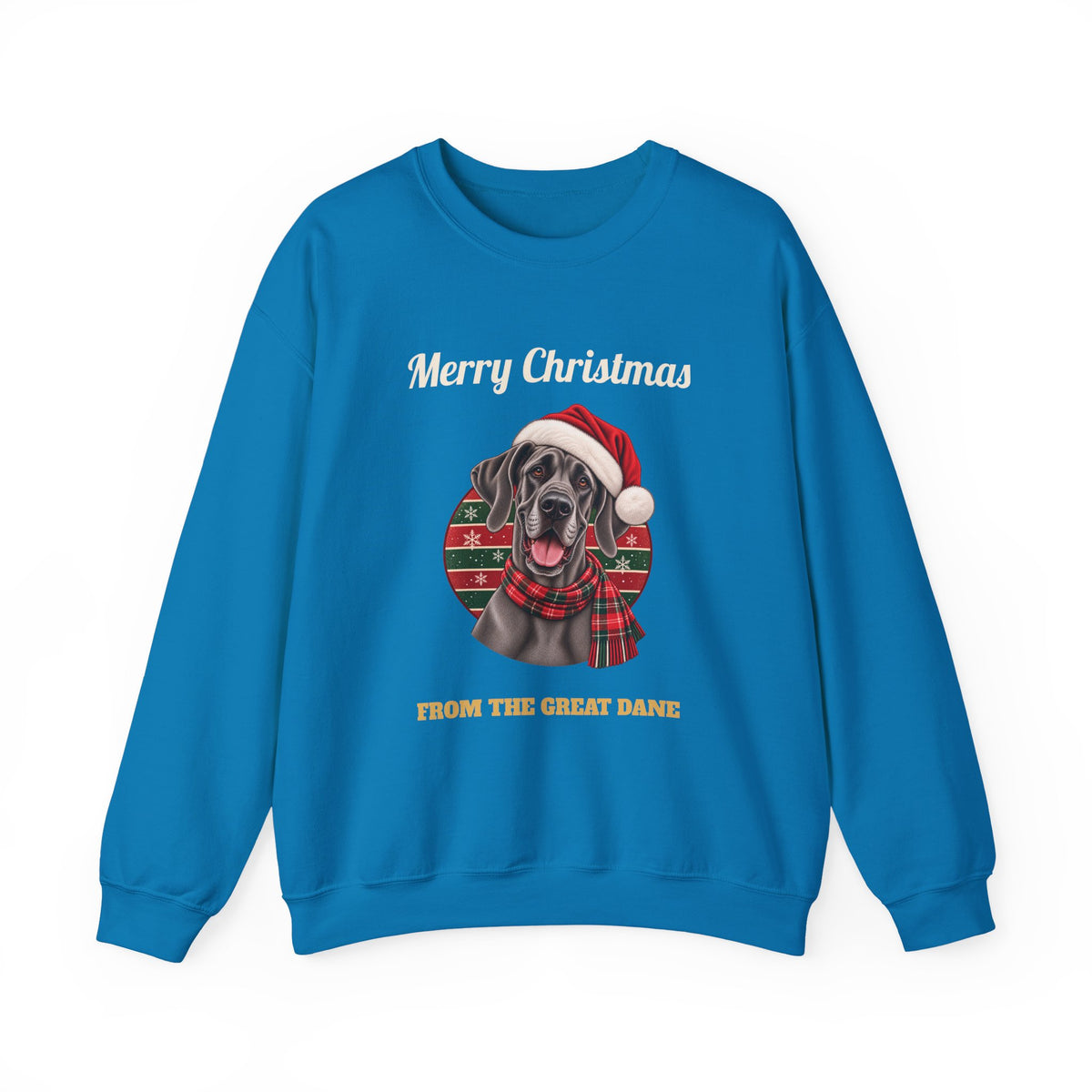 Sapphire Merry Christmas From The Great Dane sweatshirt with a blue Great Dane in a Santa hat, front view