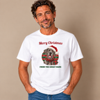 Man wearing the White Merry Christmas From The Great Dane T-Shirt (blue Great Dane) with jeans
