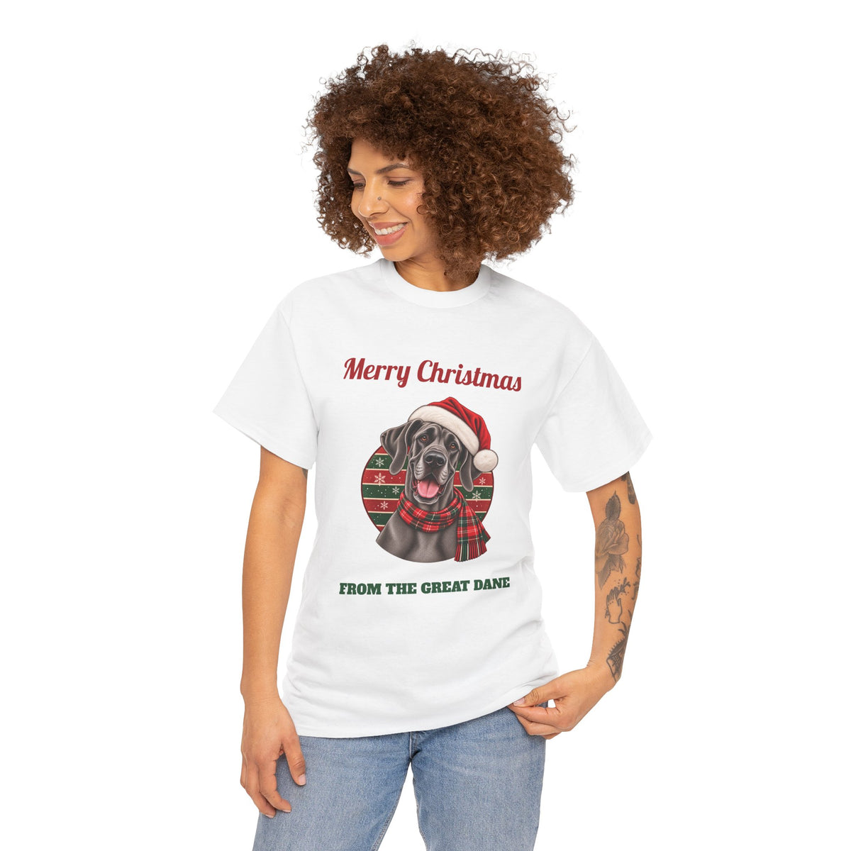 Woman wearing the Merry Christmas From The Great Dane T-Shirt (blue Great Dane)