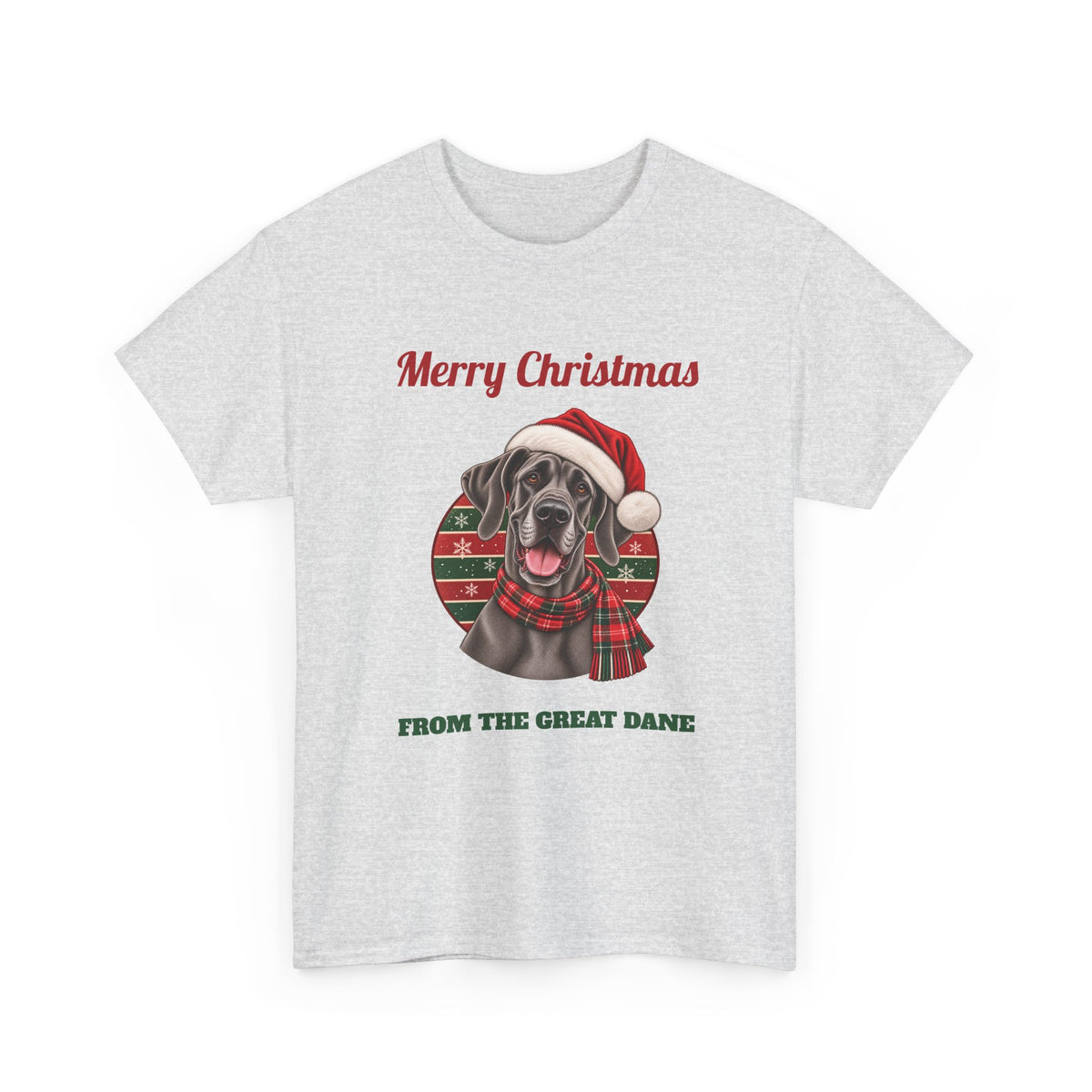 Ash Merry Christmas From The Great Dane t-shirt with a blue Great Dane in a Santa hat, front view