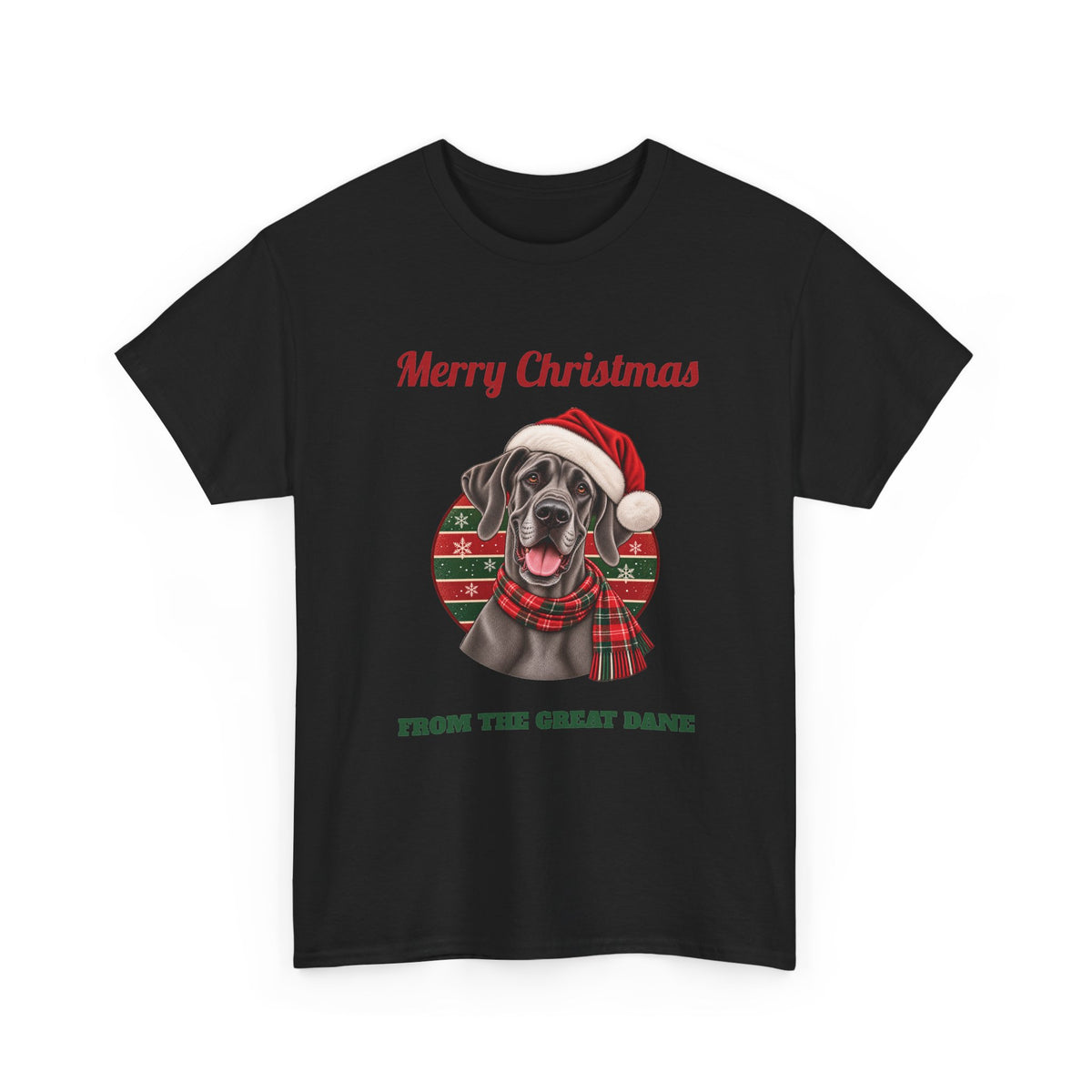 Black Merry Christmas From The Great Dane t-shirt with a blue Great Dane in a Santa hat, front view