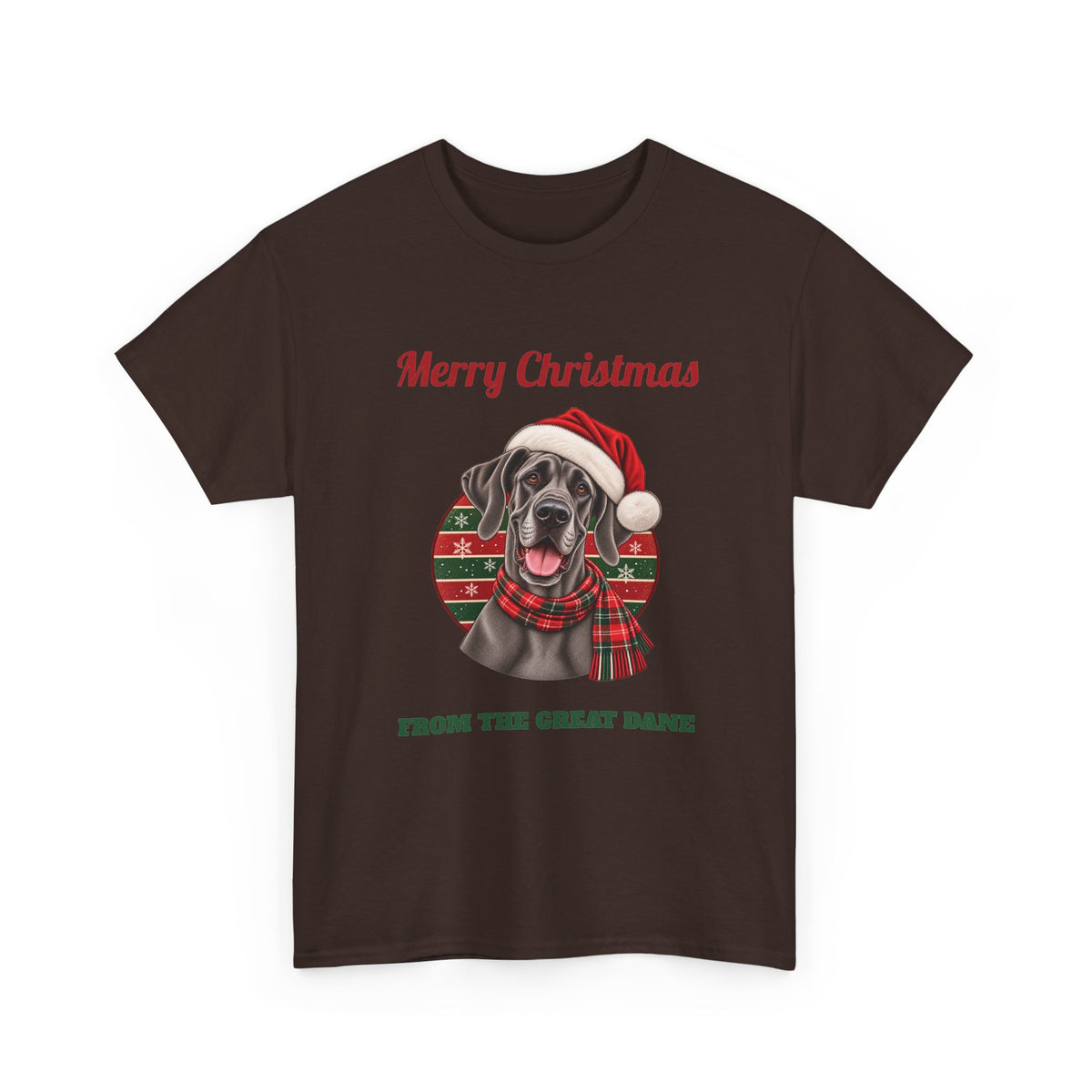 Dark Chocolate Merry Christmas From The Great Dane t-shirt with a blue Great Dane in a Santa hat, front view
