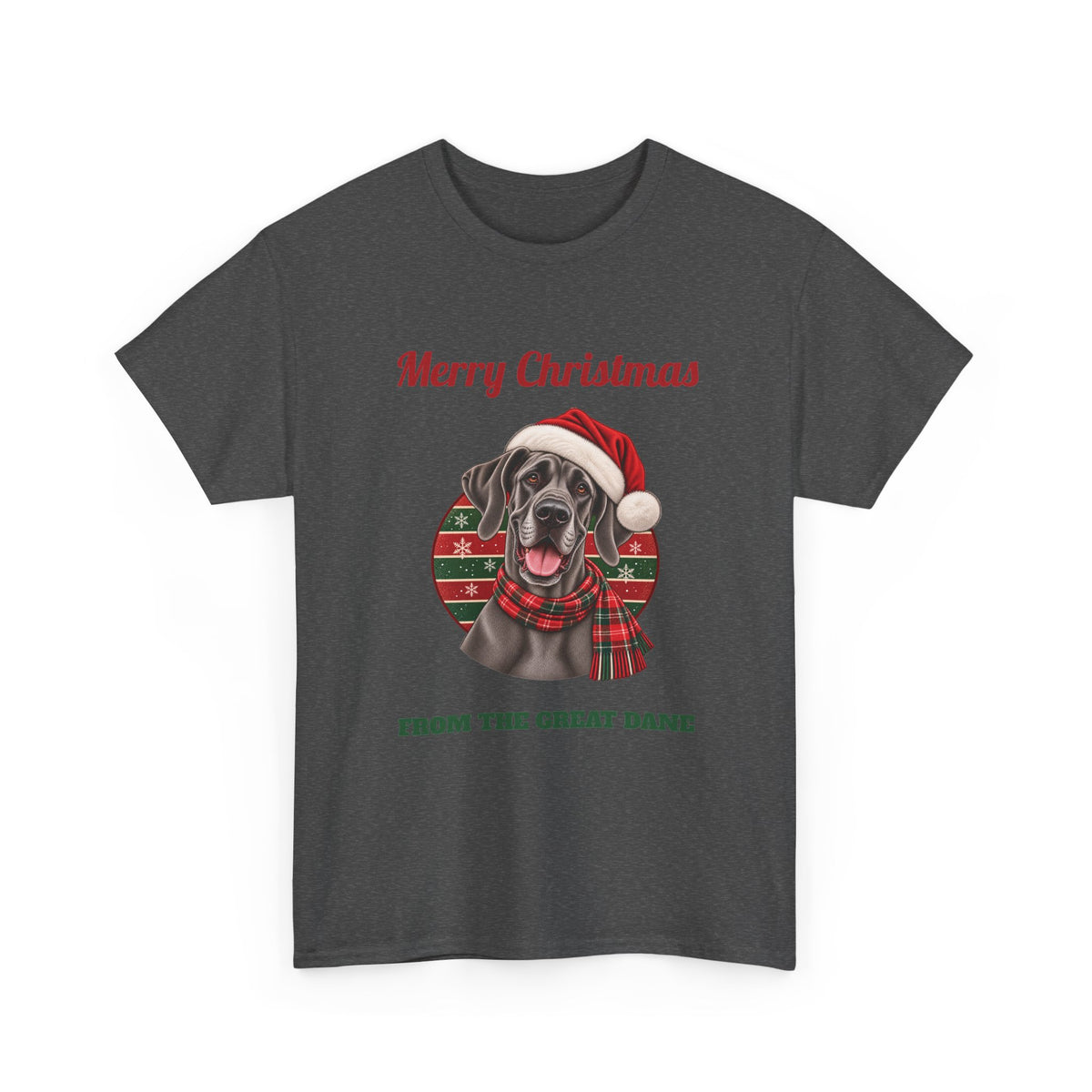 Dark Heather Merry Christmas From The Great Dane t-shirt with a blue Great Dane in a Santa hat, front view
