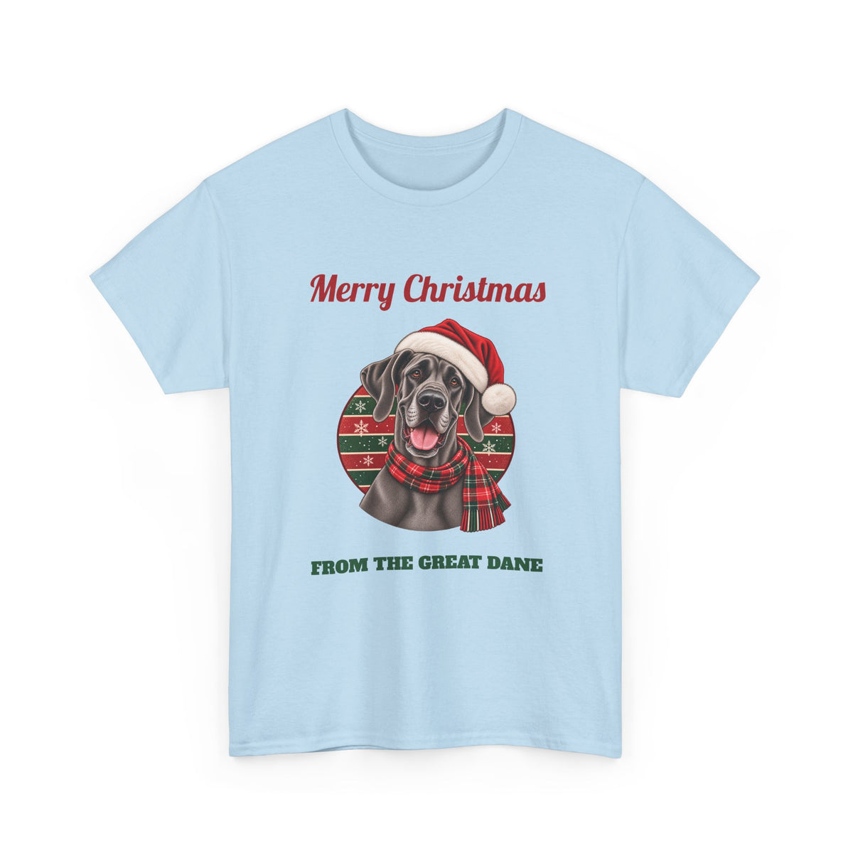 Light Blue Merry Christmas From The Great Dane t-shirt with a blue Great Dane in a Santa hat, front view