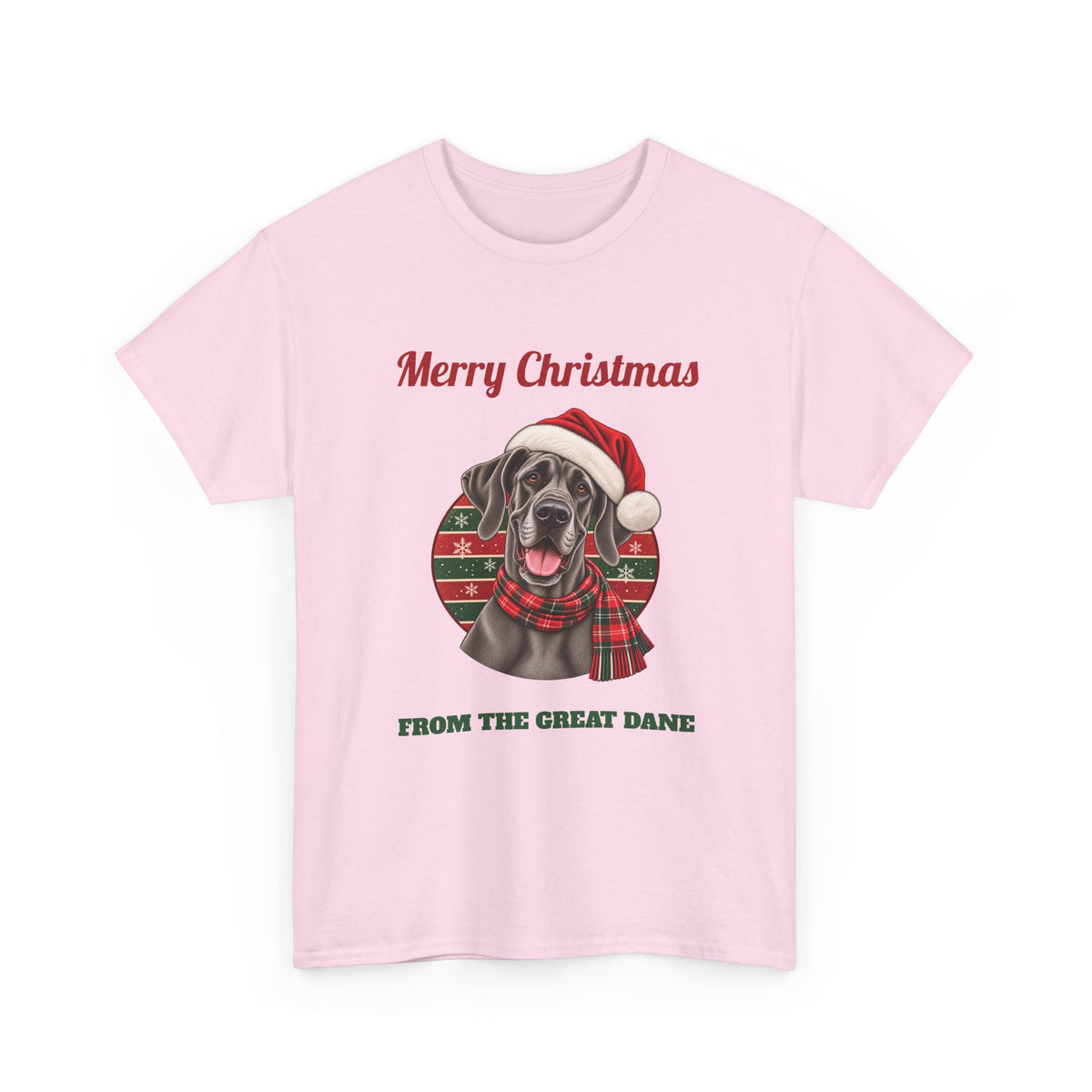 Light Pink Merry Christmas From The Great Dane t-shirt with a blue Great Dane in a Santa hat, front view