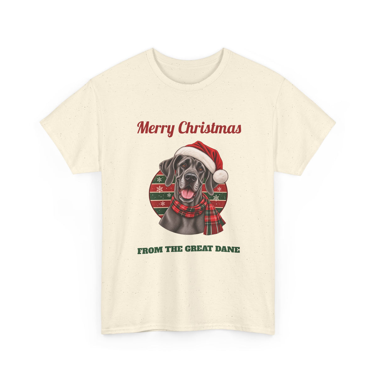 Natural Merry Christmas From The Great Dane t-shirt with a blue Great Dane in a Santa hat, front view