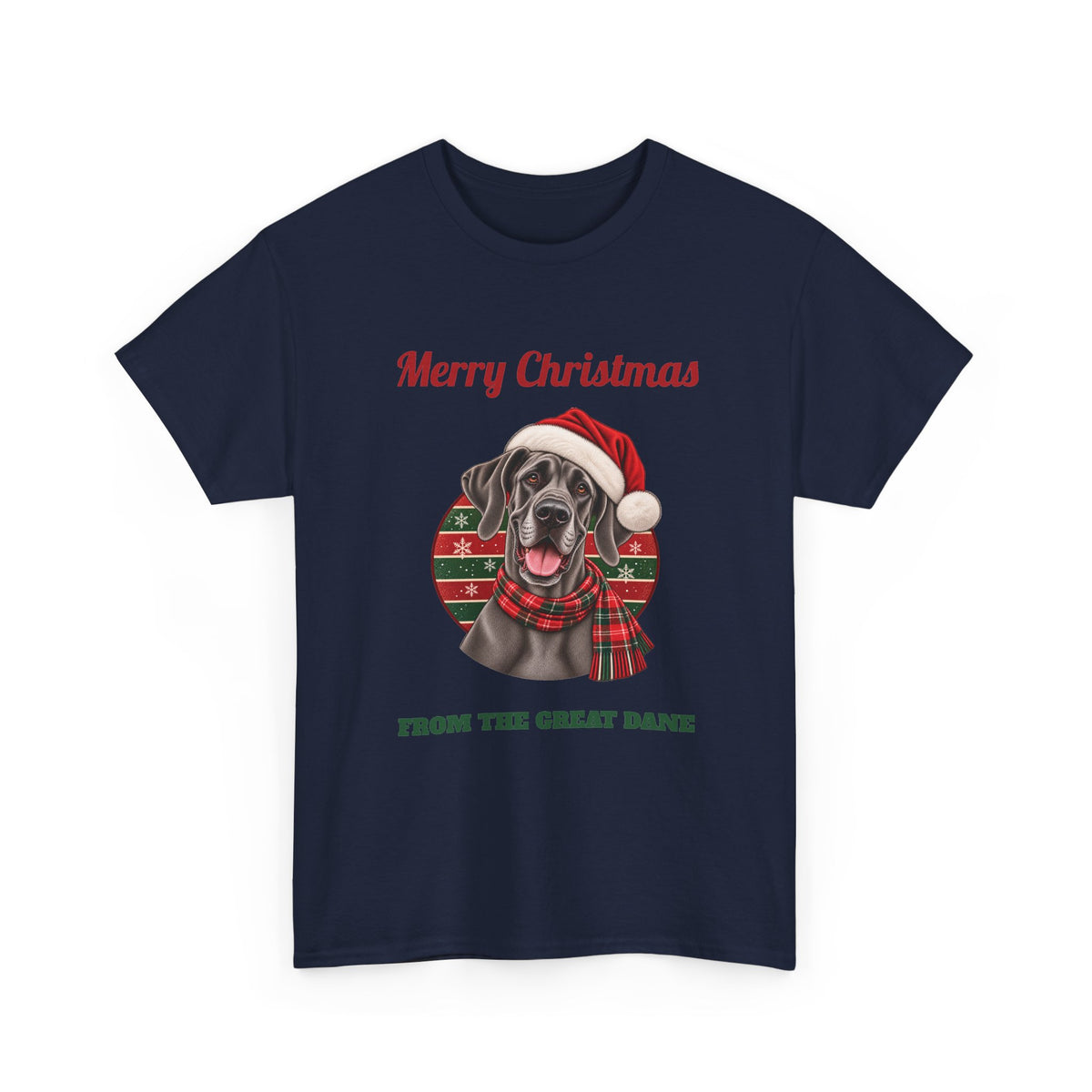 Navy Merry Christmas From The Great Dane t-shirt with a blue Great Dane in a Santa hat, front view
