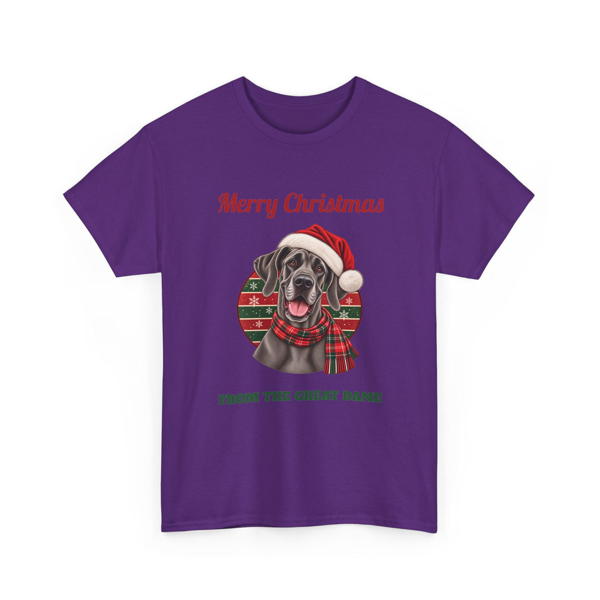 Purple Merry Christmas From The Great Dane t-shirt with a blue Great Dane in a Santa hat, front view