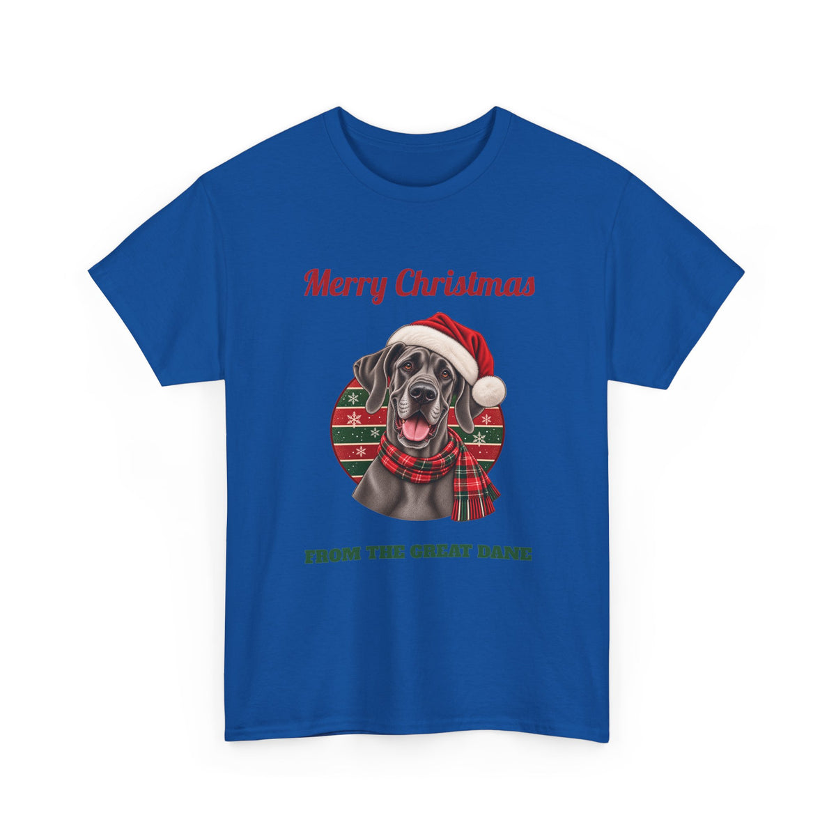 Royal Merry Christmas From The Great Dane t-shirt with a blue Great Dane in a Santa hat, front view