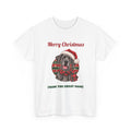 White Merry Christmas From The Great Dane t-shirt with a blue Great Dane in a Santa hat, front view