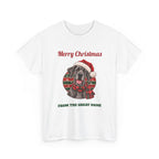 White Merry Christmas From The Great Dane t-shirt with a blue Great Dane in a Santa hat, front view