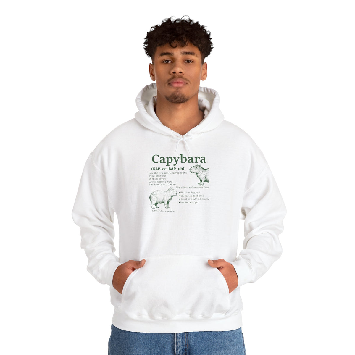 Man wearing the White Capybara Definition Funny Hoodie