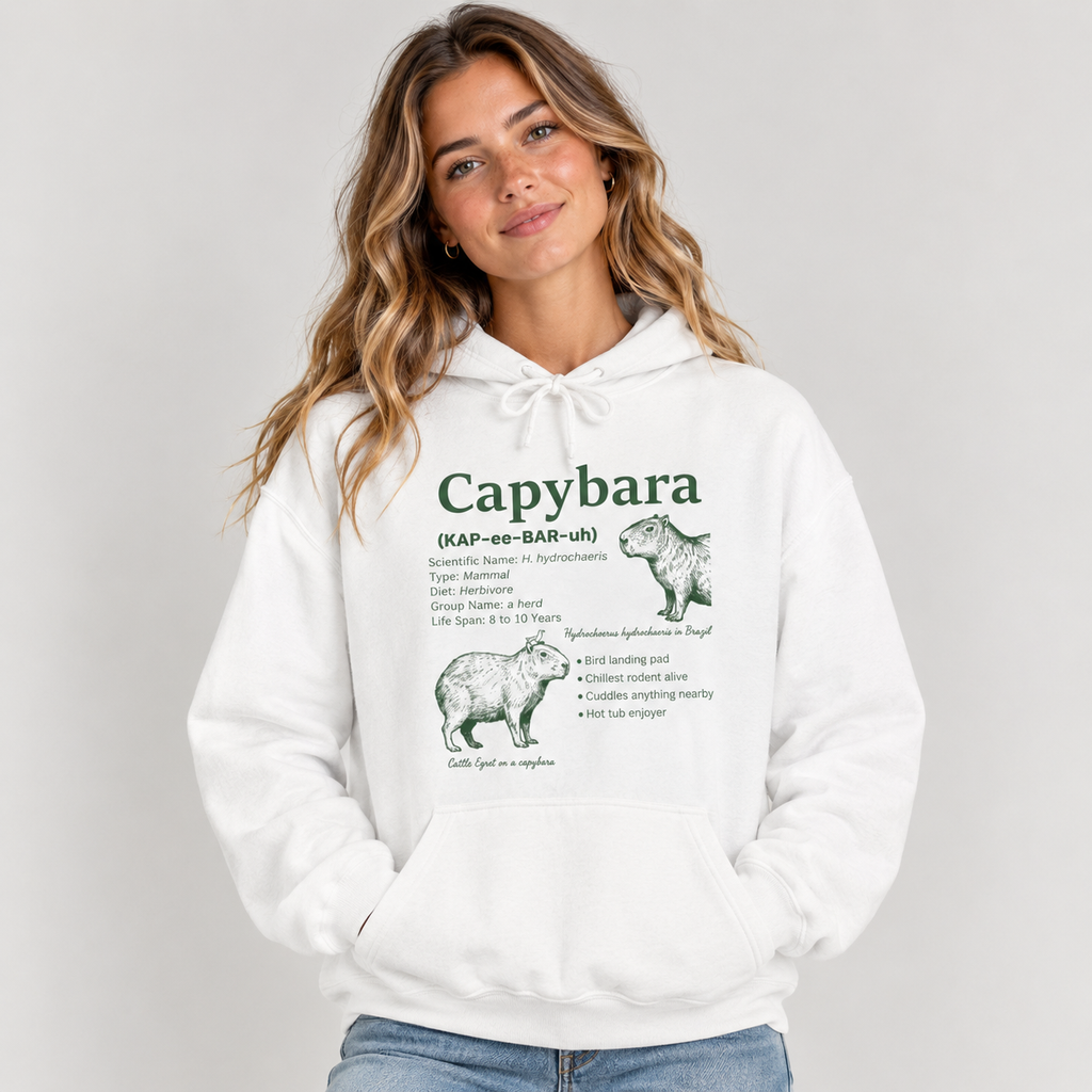 Woman wearing the White Capybara Definition Funny Hoodie with jeans