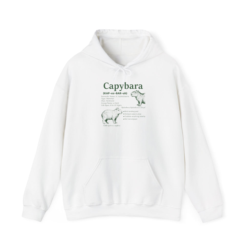White Capybara Definition hoodie with a green vintage field-guide capybara print, front view