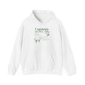 White Capybara Definition hoodie with a green vintage field-guide capybara print, front view