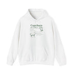 White Capybara Definition hoodie with a green vintage field-guide capybara print, front view