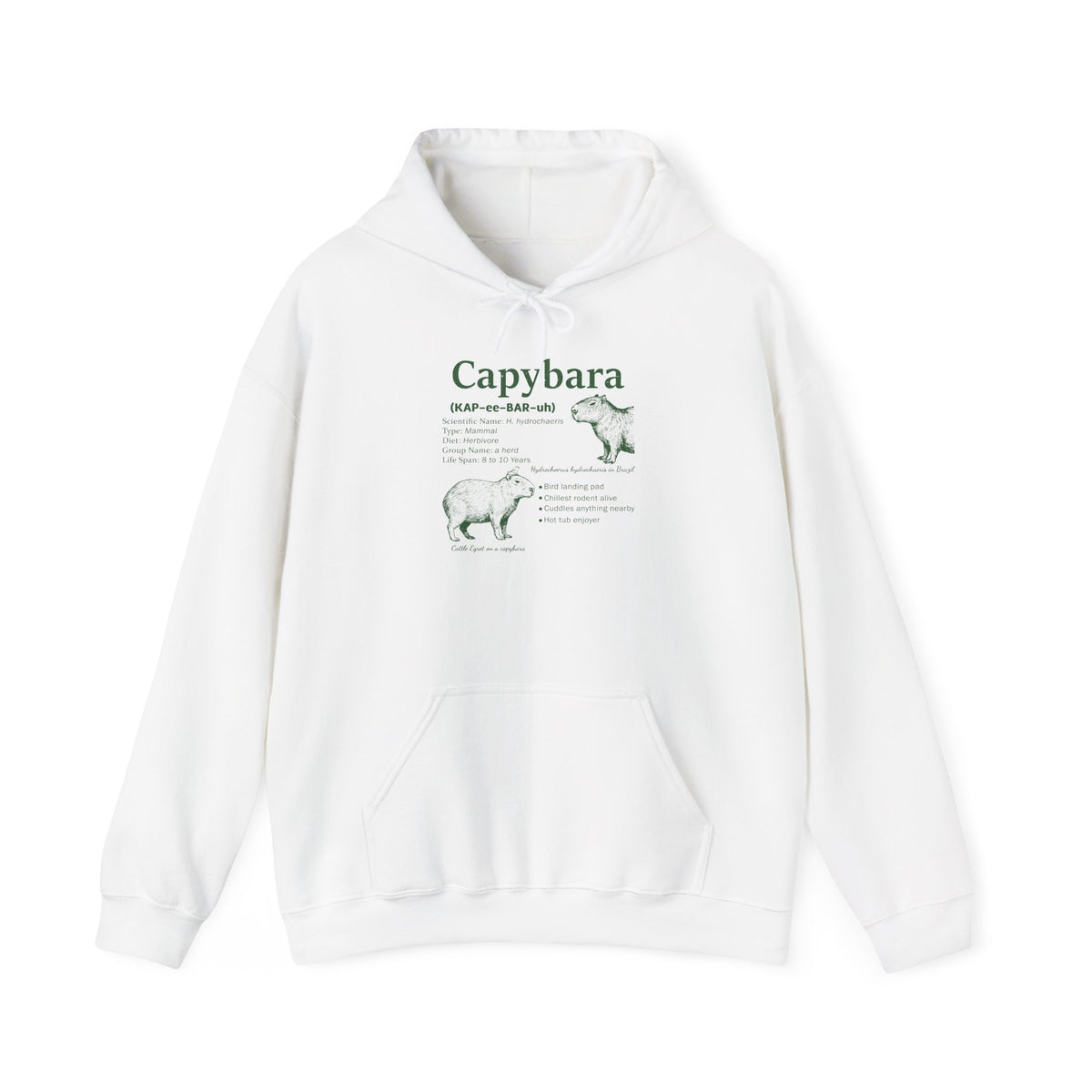 White Capybara Definition hoodie with a green vintage field-guide capybara print, front view