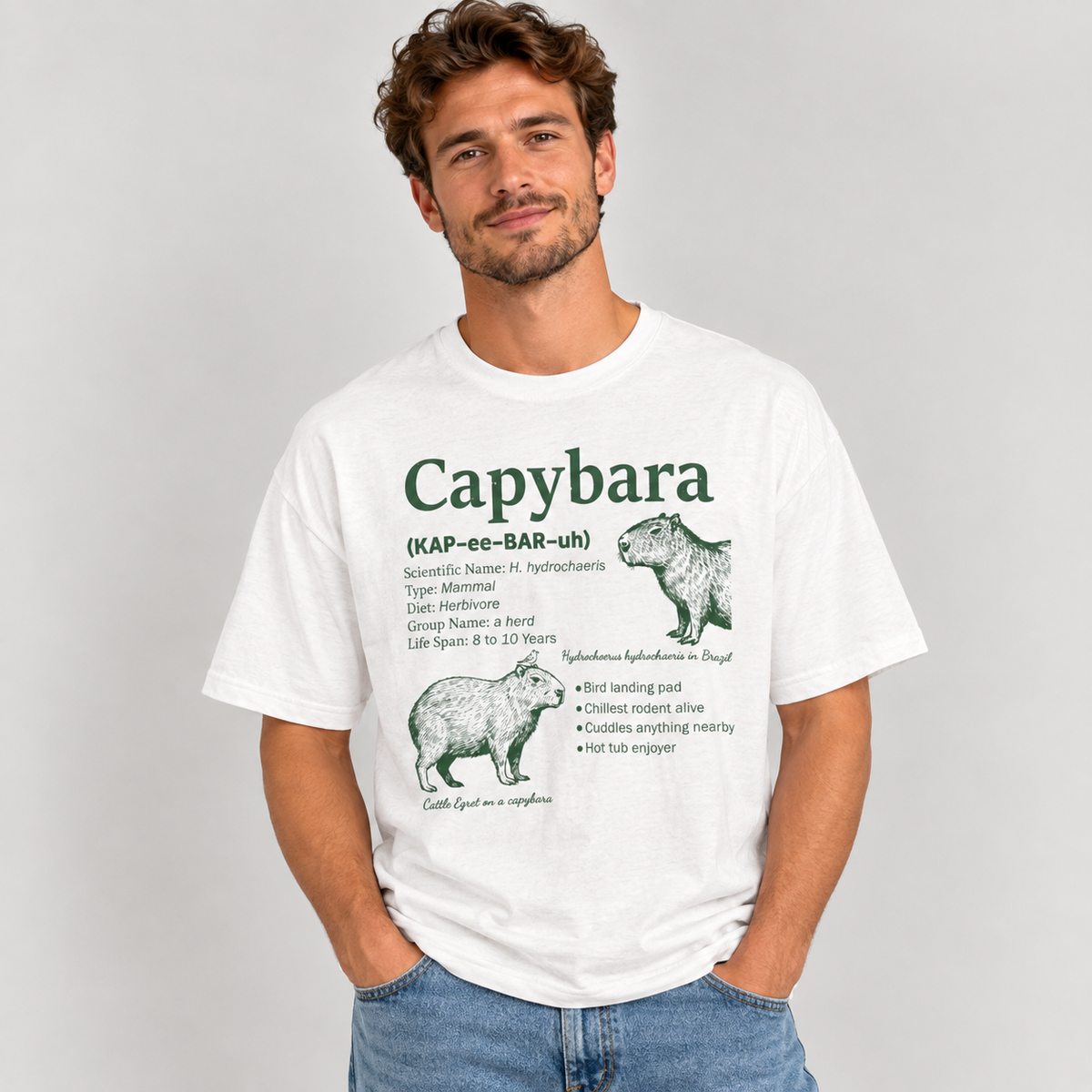 Man wearing the White Capybara Definition Funny T-Shirt with jeans