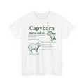White Capybara Definition t-shirt with a green vintage field-guide capybara print, front view