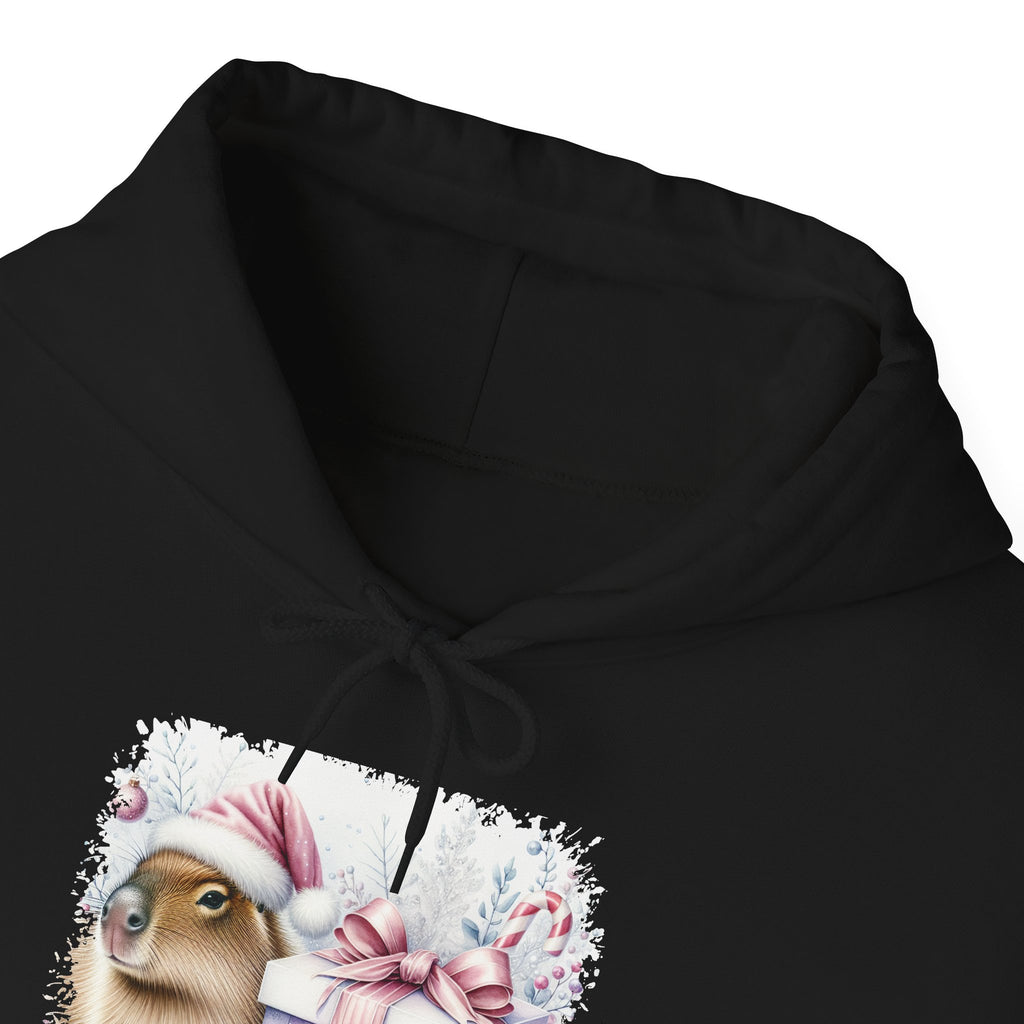 Capybara With Christmas Present Hoodie, front collar close-up