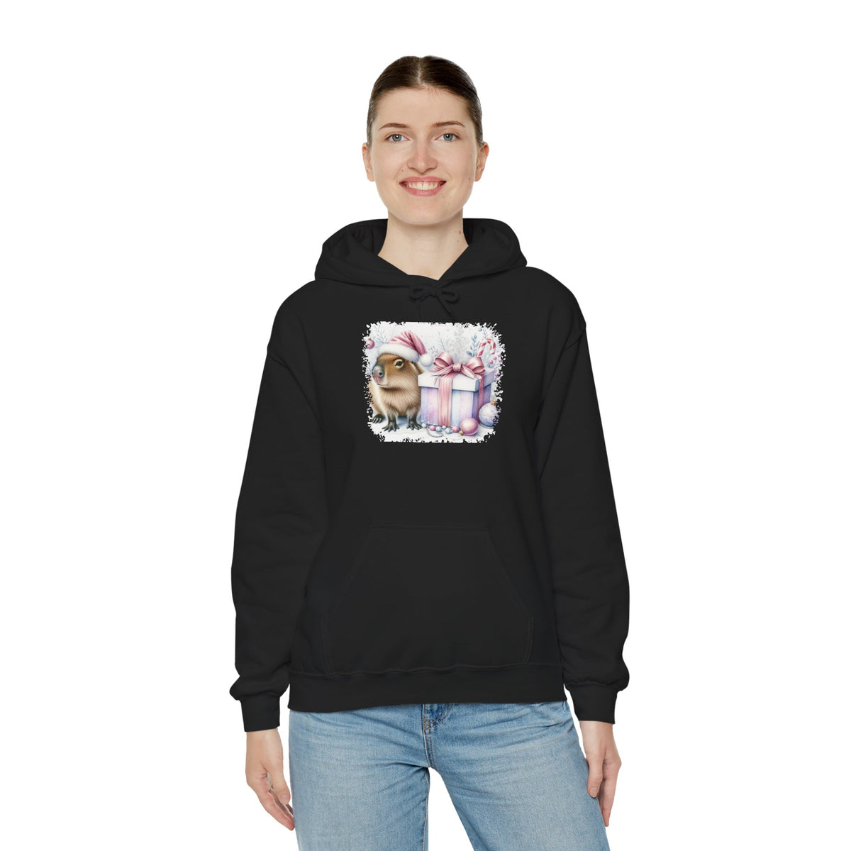 Woman wearing the Black Capybara With Christmas Present Hoodie