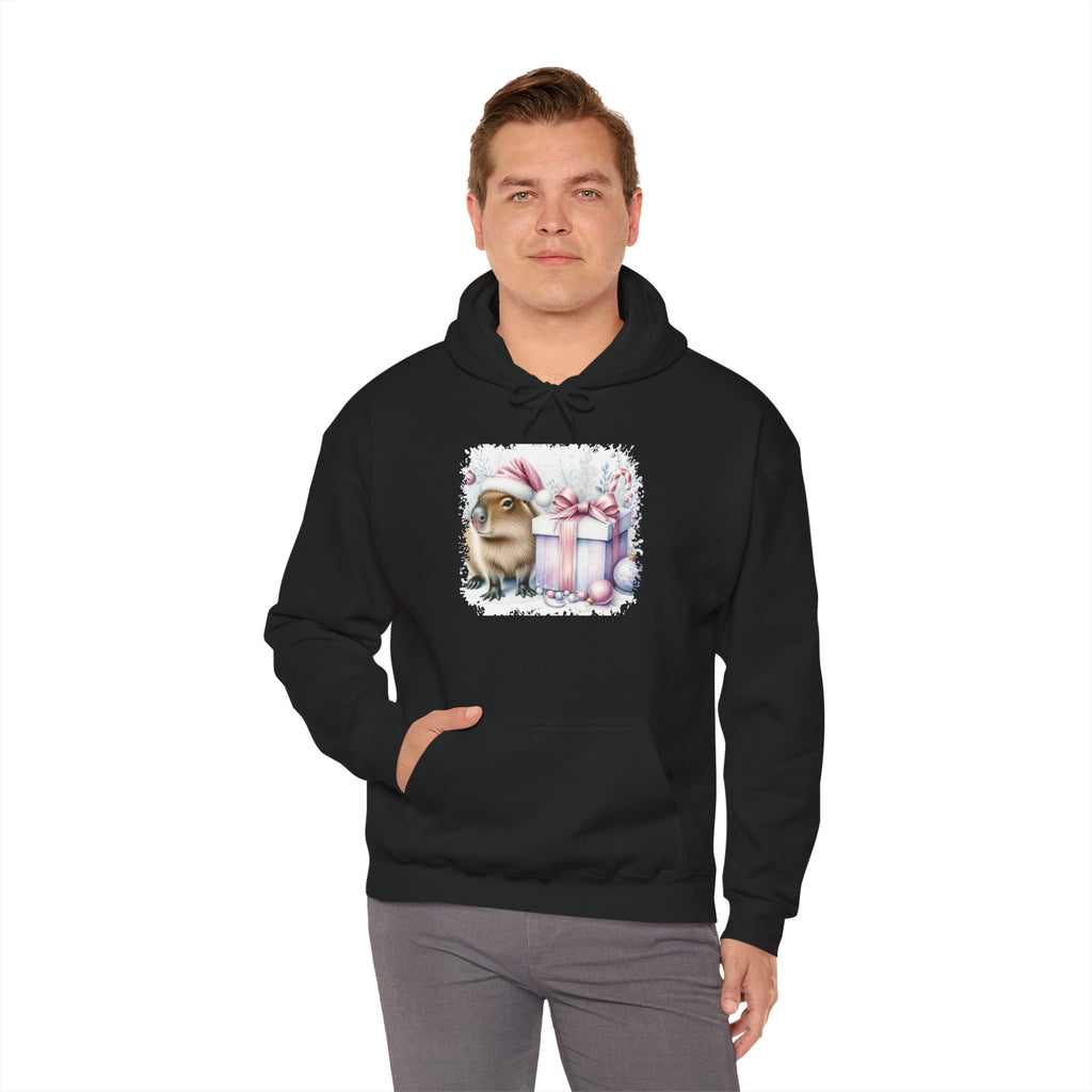 Man wearing the Black Capybara With Christmas Present Hoodie