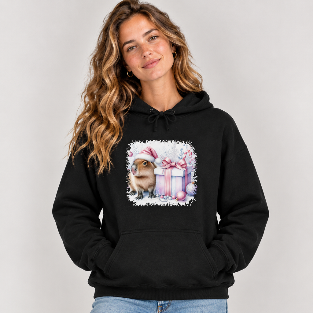 Woman wearing the Black Capybara With Christmas Present Hoodie with jeans