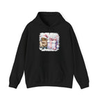 Black Capybara With Christmas Present hoodie with a watercolor capybara and pastel gift print, front view