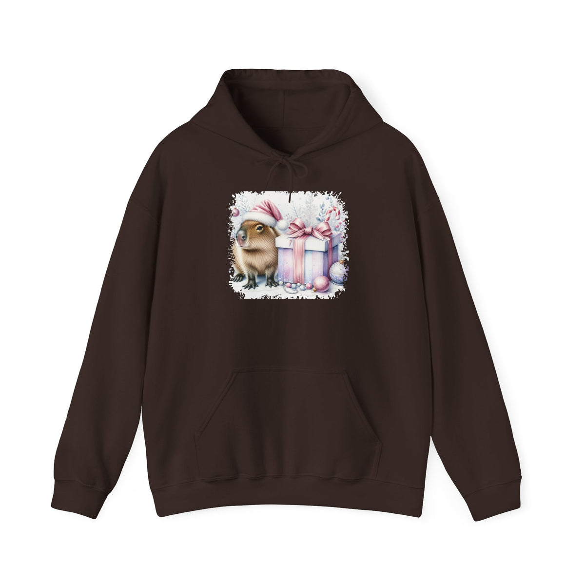 Dark Chocolate Capybara With Christmas Present hoodie with a watercolor capybara and pastel gift print, front view