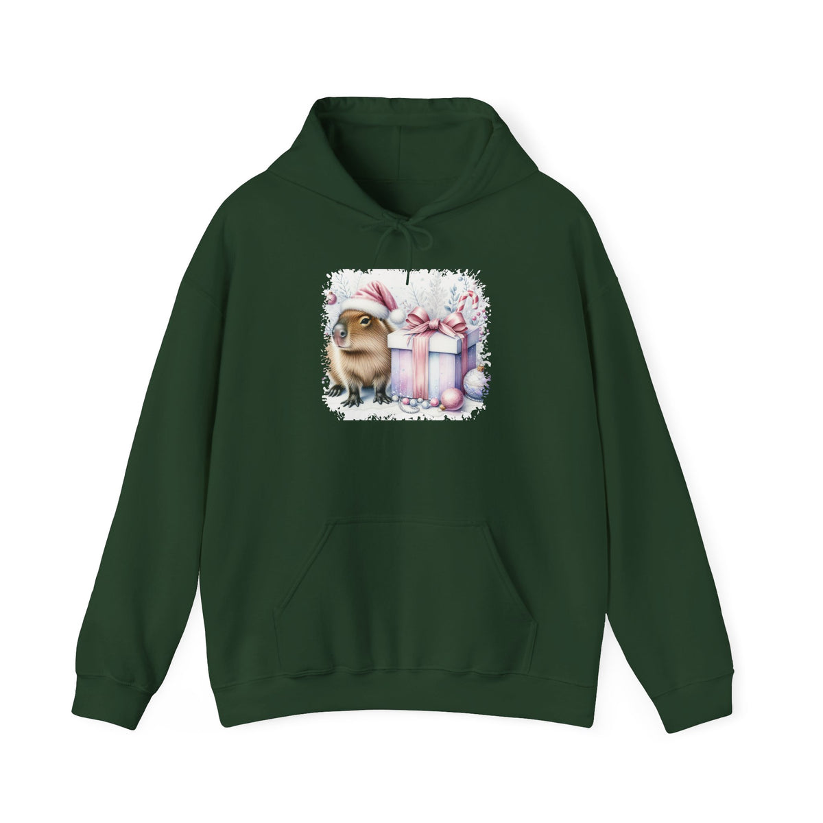 Forest Green Capybara With Christmas Present hoodie with a watercolor capybara and pastel gift print, front view