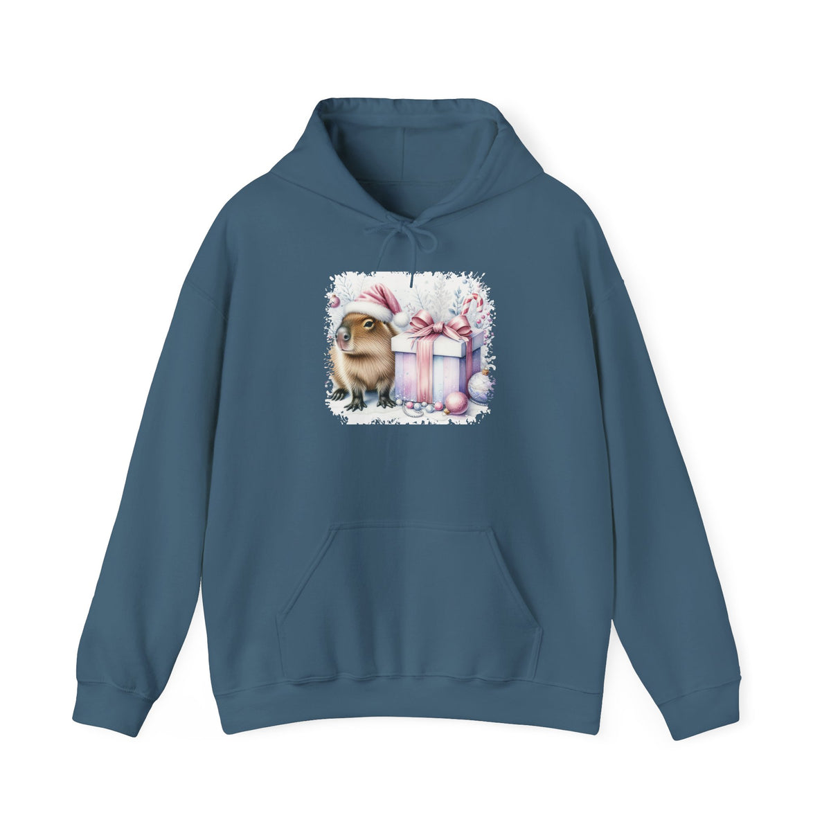 Indigo Blue Capybara With Christmas Present hoodie with a watercolor capybara and pastel gift print, front view