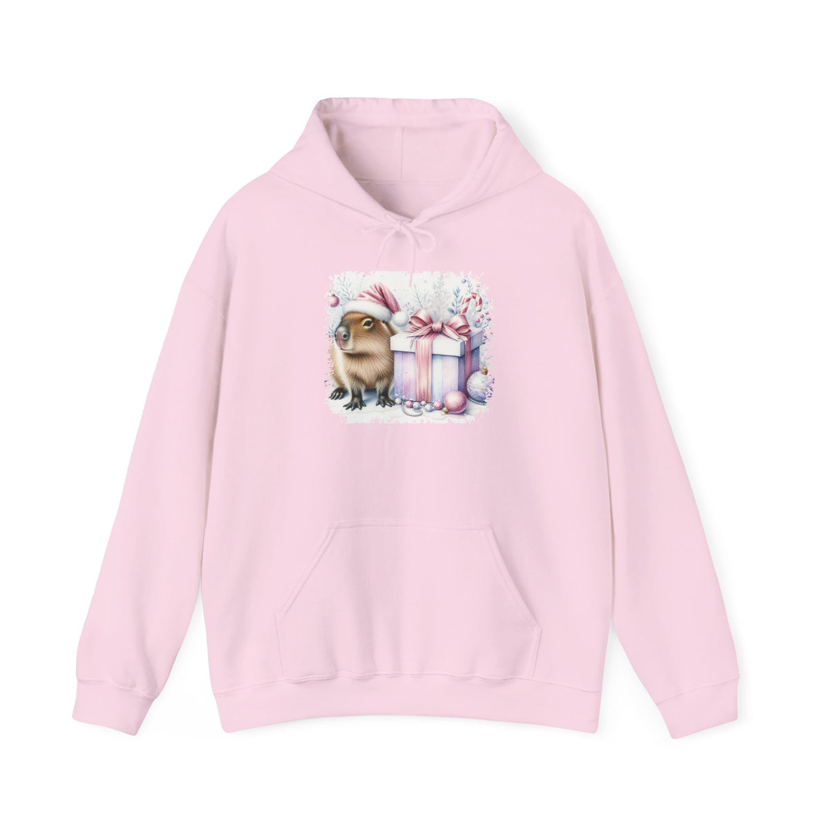 Light Pink Capybara With Christmas Present hoodie with a watercolor capybara and pastel gift print, front view